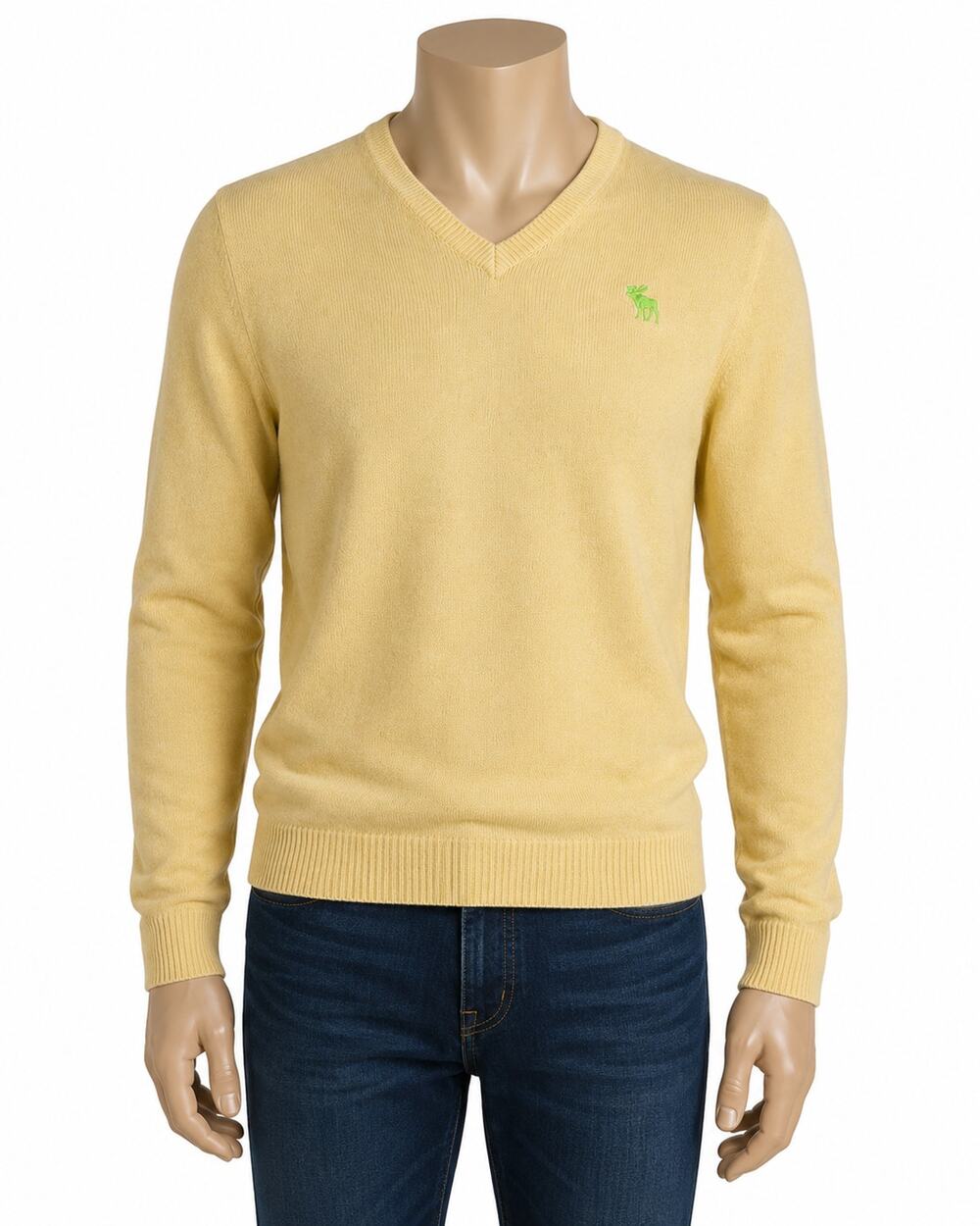 Vintage Abercrombie Yellow V-Neck Sweater Green Moose Logo - Size L